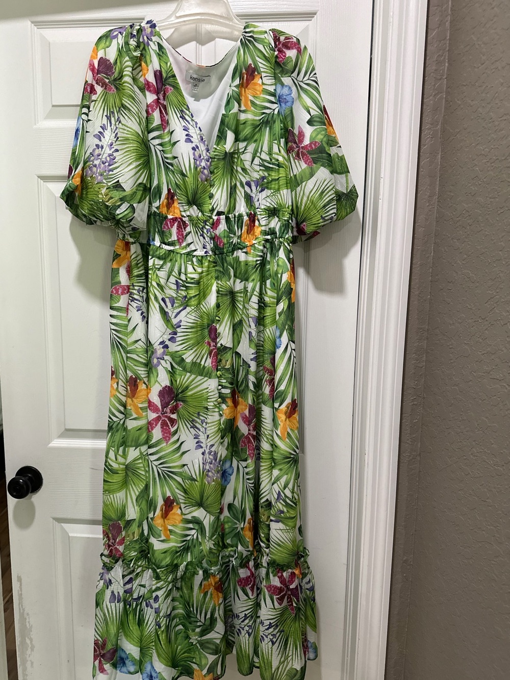 Kensie Tropical Palm & Floral Maxi Dress in Green, Yellow, Purple, Pink